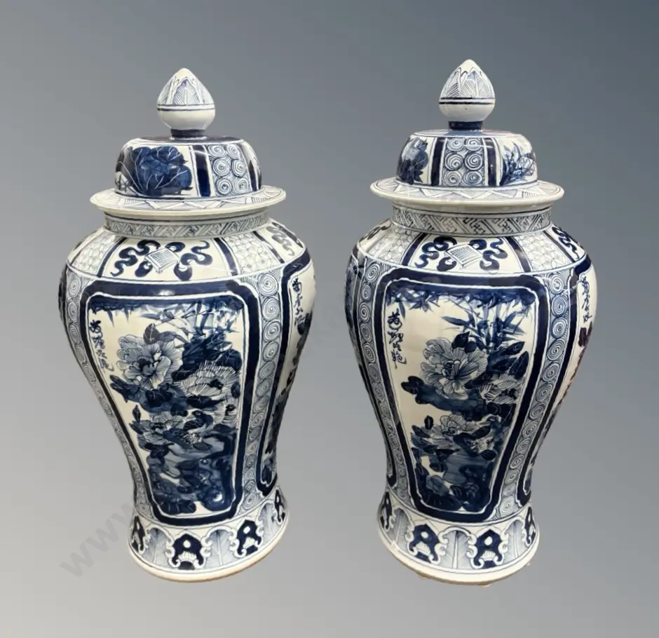 Pair of Large Blue and White Porcelain Floor Pots with Floral and Bird Design H91cm Image 1++