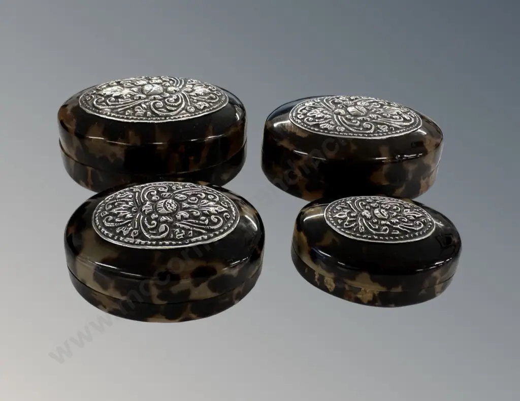 Set of Four Graduated Faux Tortoiseshell Trinket Boxes with Decorative Silver Embossed Tops Image 1++