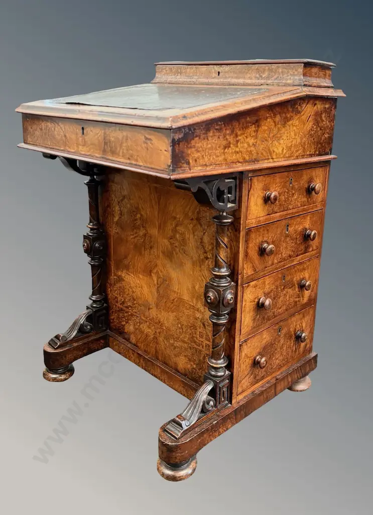 Burr Walnut Davenport Desk with Tooled Leather Inlaid Writing Slope, 4 Drawers and Porcelain Castors, H86xW54xD54cm Image 1++