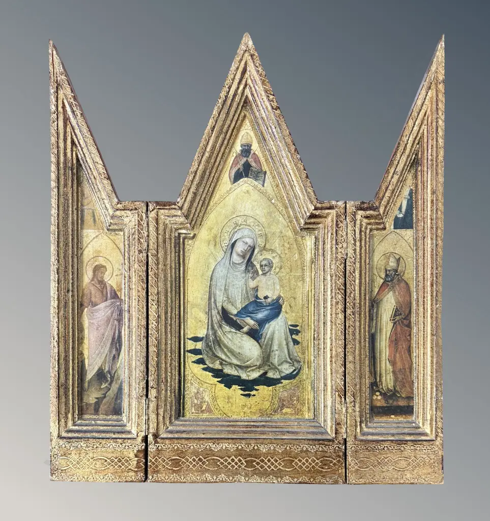Gilt Framed Triptych Icon Featuring Religious Figures, H43cm Image 1++