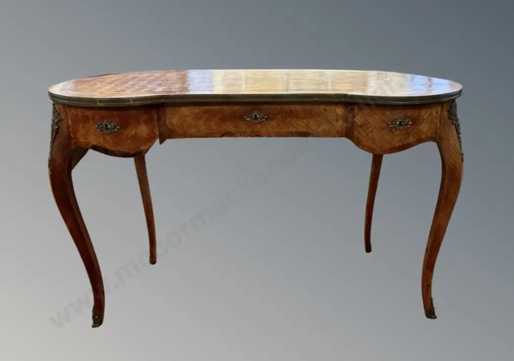 Kidney Shaped Three Drawer Parquetry Side Table with Cabriole Legs and Brass Detailing Image 1++