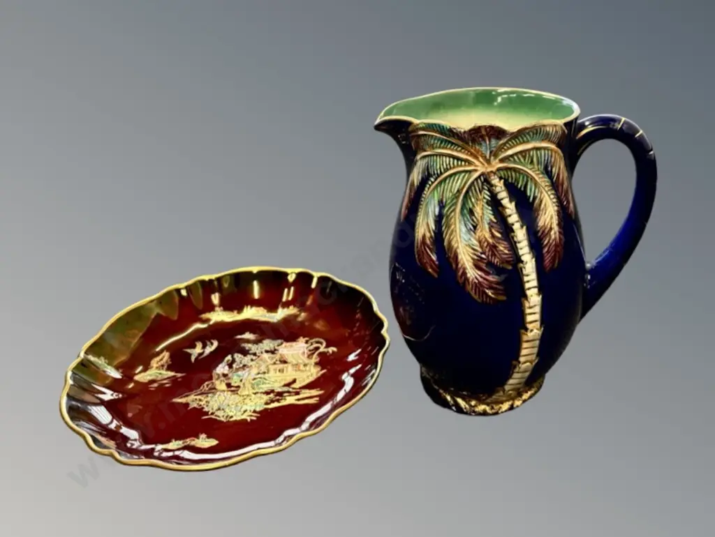 Cobalt Blue Beswick Palm Tree Jug H21cm and Carlton Ware Rogue Royale Dish D23cm Image 1++