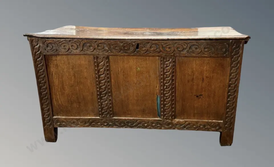 Early Oak 3 Paneled Coffer with Carved Detailing, (repair required), H67xL123xD53cm Image 1++
