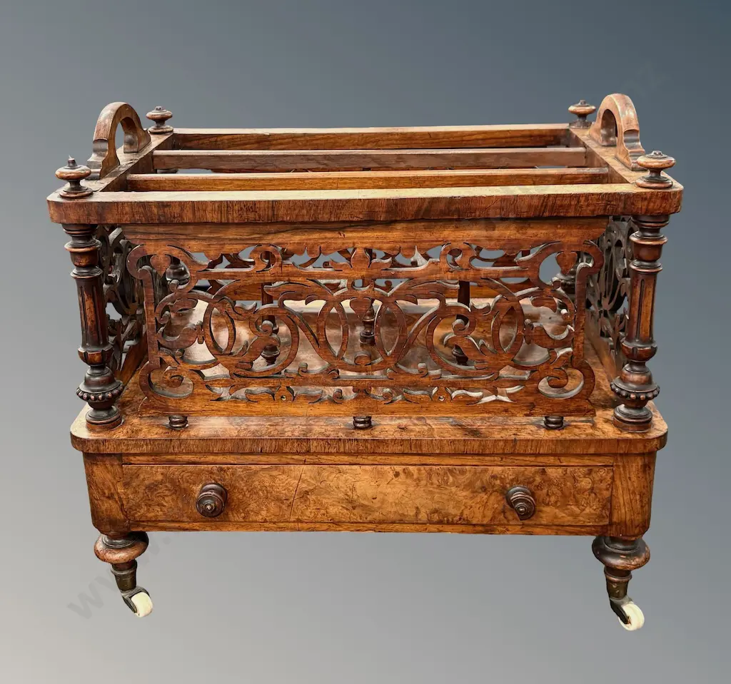 Burr Walnut Music Canterbury with Fretwork Detailing and White Porcelain Castors, H47xL58xD39cm Image 1++