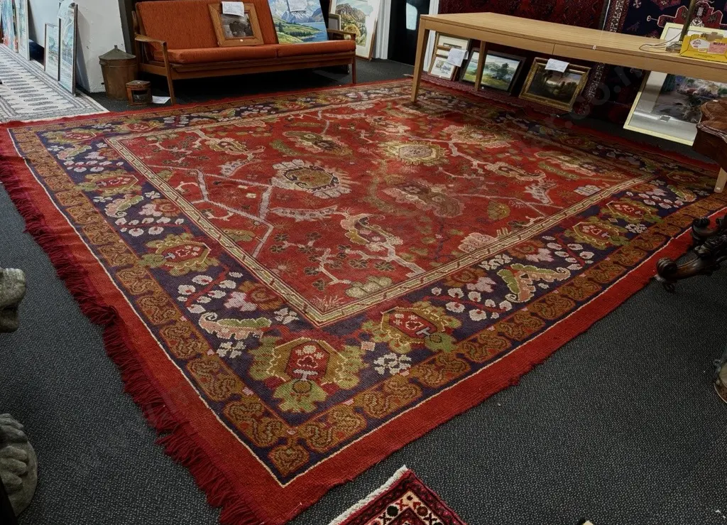 Large Donegal Wool Rug -Red & Blue Tones, 410x380cm Image 1++