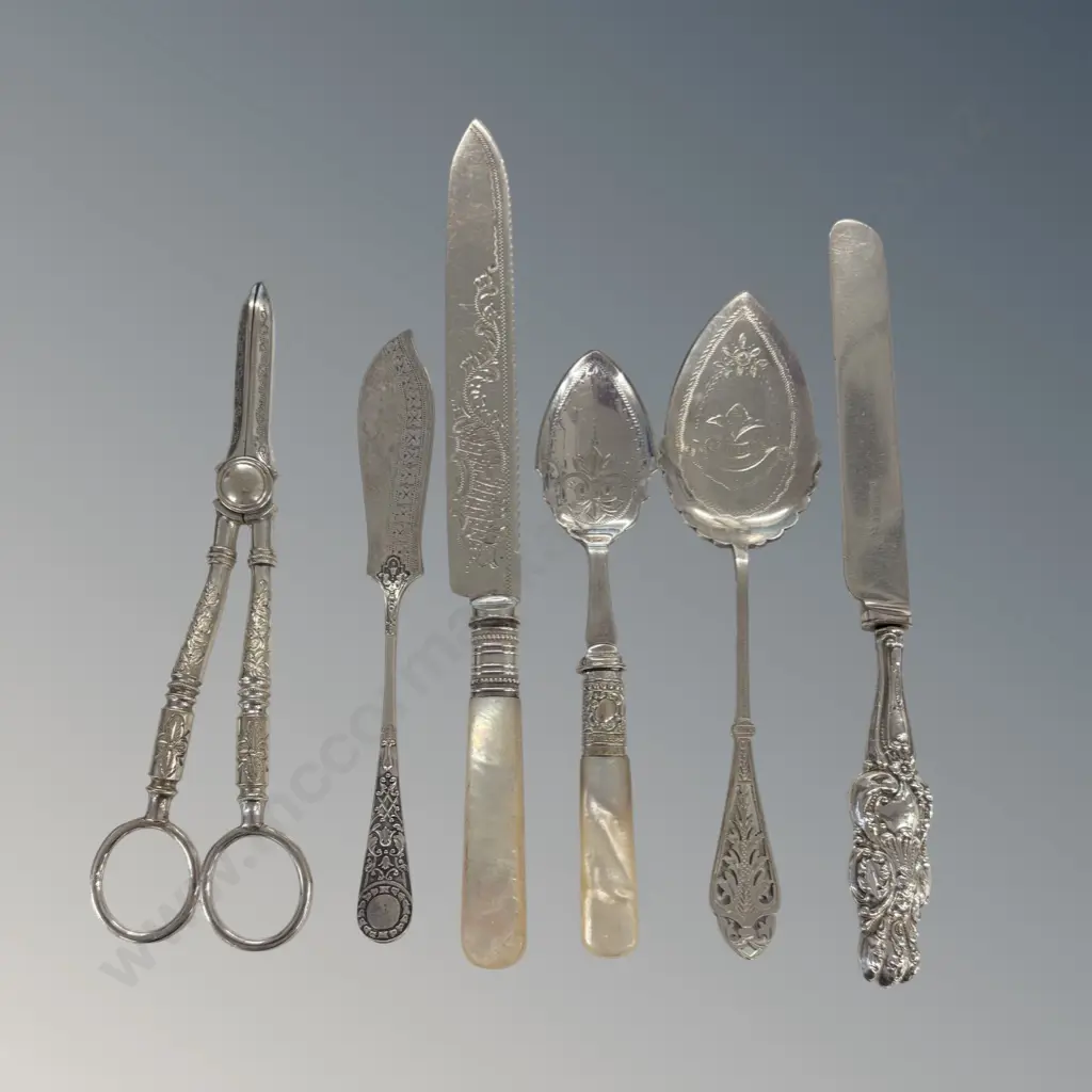 Assorted Silver Plate Knives, Spoons and Grape Scissors Image 1++