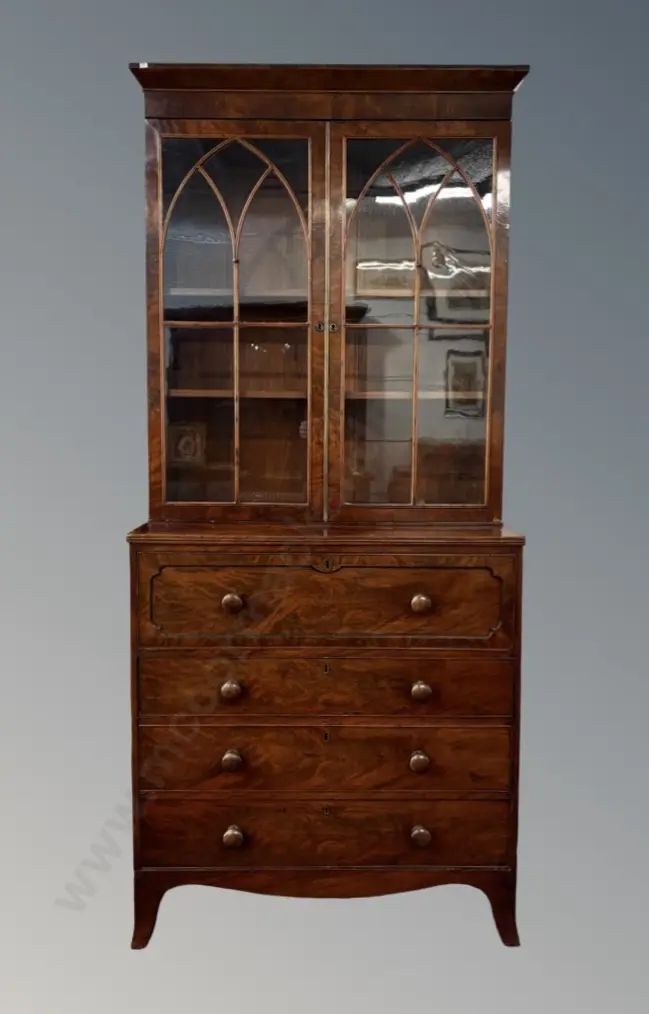 Walnut Veneer Secretaire Bookcase with Ivory Knobs and Hand Ground Glass. H223xL98xD53cm Image 1++