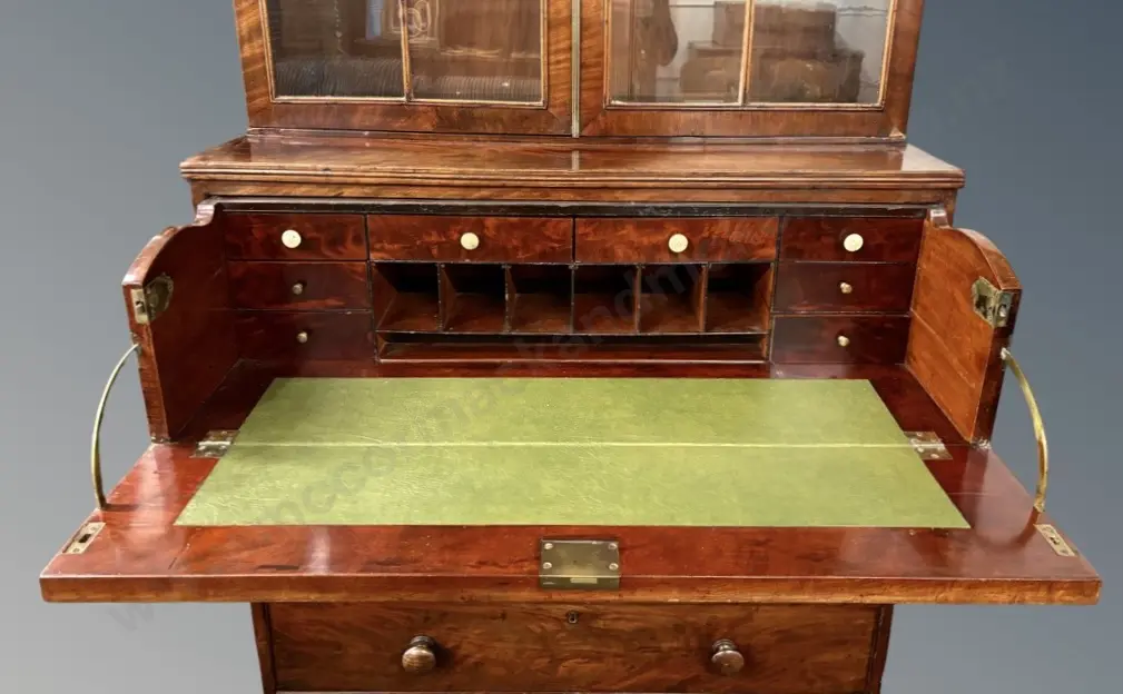 Walnut Veneer Secretaire Bookcase with Ivory Knobs and Hand Ground Glass. H223xL98xD53cm Image 1++