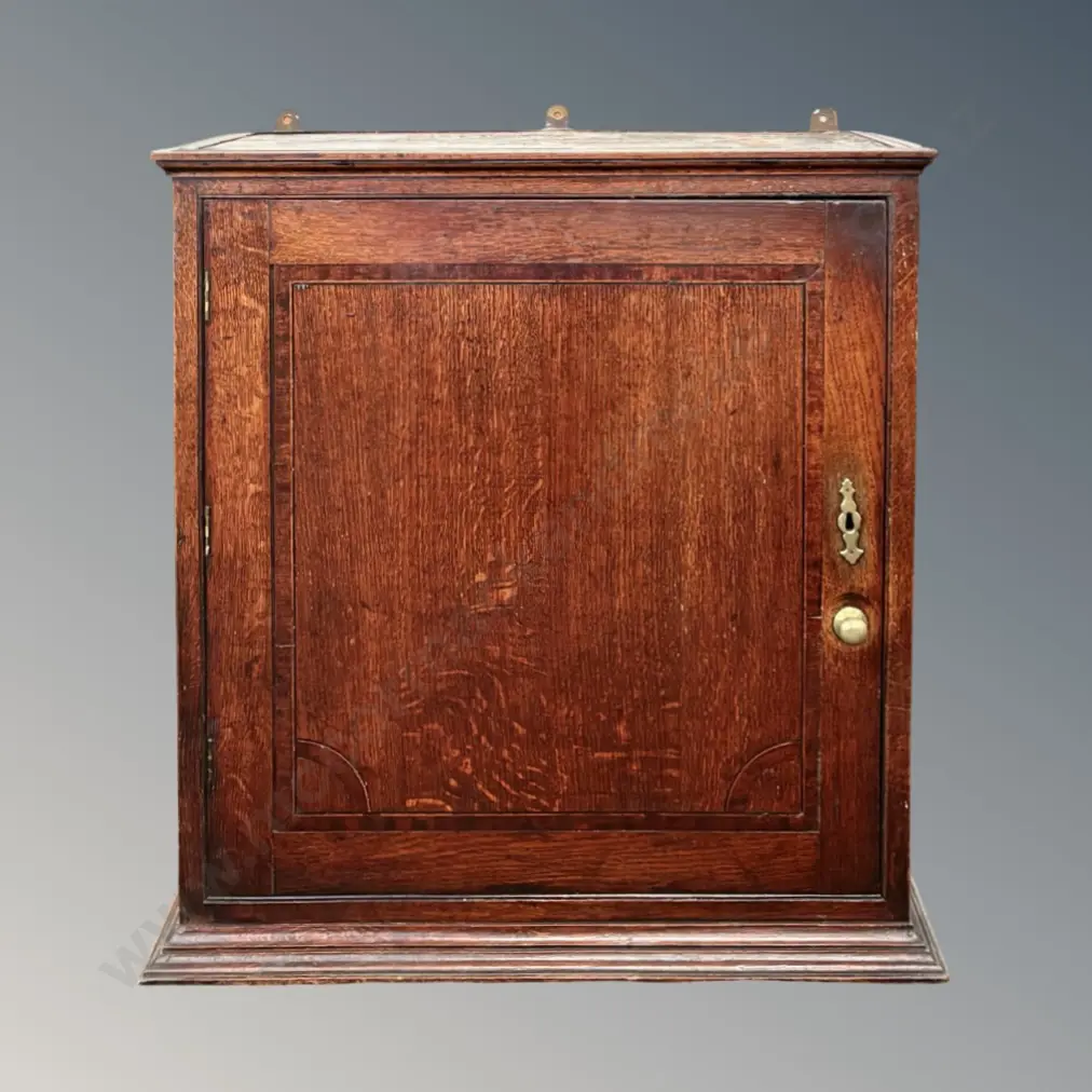 Georgian Oak Wall Mounted Cupboard with Ebony and Oak Crossbanding, Fitted Interior with Shelves & Drawers H76xL72xD29cm Image 1++