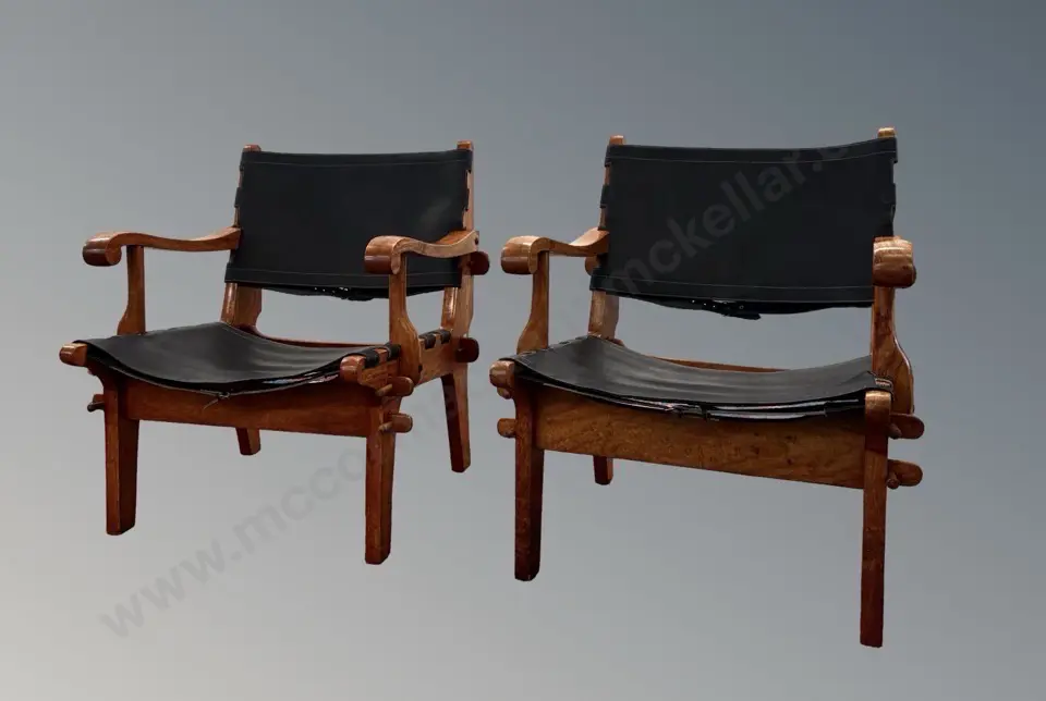 Mid Century Safari Armchairs, attrib to Angel Pazmino, black leather sling seats and back H76xW62cm Image 1++