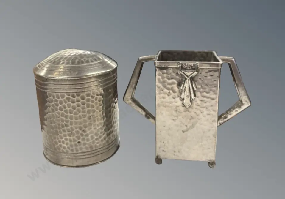 Beaten Pewter Twin Handled Vase and Lidded Container H10cm Image 1++
