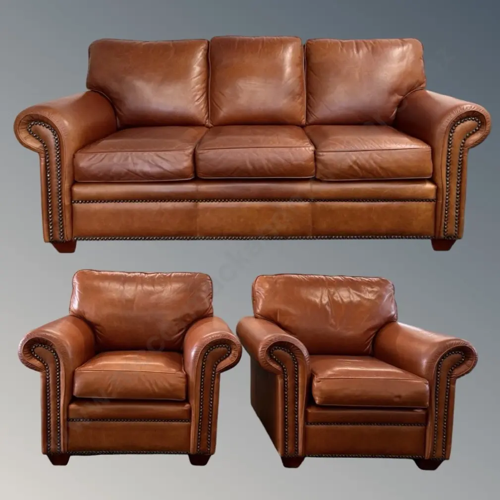 Rolled Arm Leather 3 Seater Sofa L185xD85 and 2 Large Armchairs,L104xD85cm Image 1++