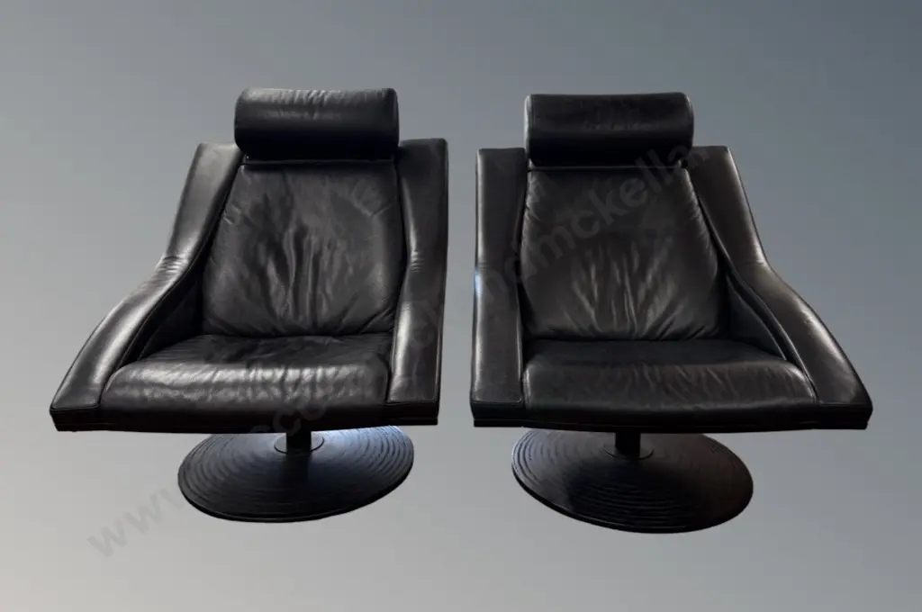 Pair of Nelo Swedish Black Leather Swivel Armchairs W75xH95cm Image 1++