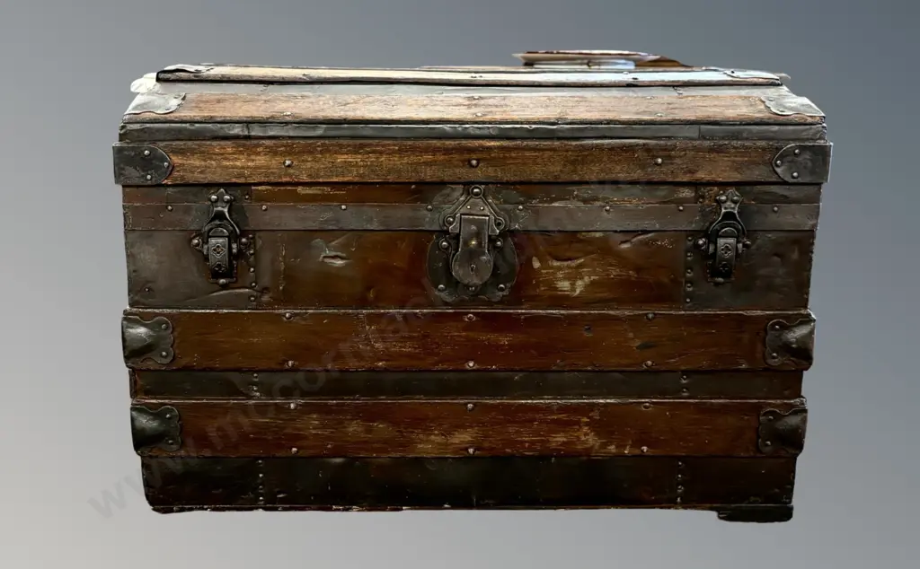 Metal Clad Timber Travel Chest with Riveted Strapwork H52xL76xD44cm Image 1++