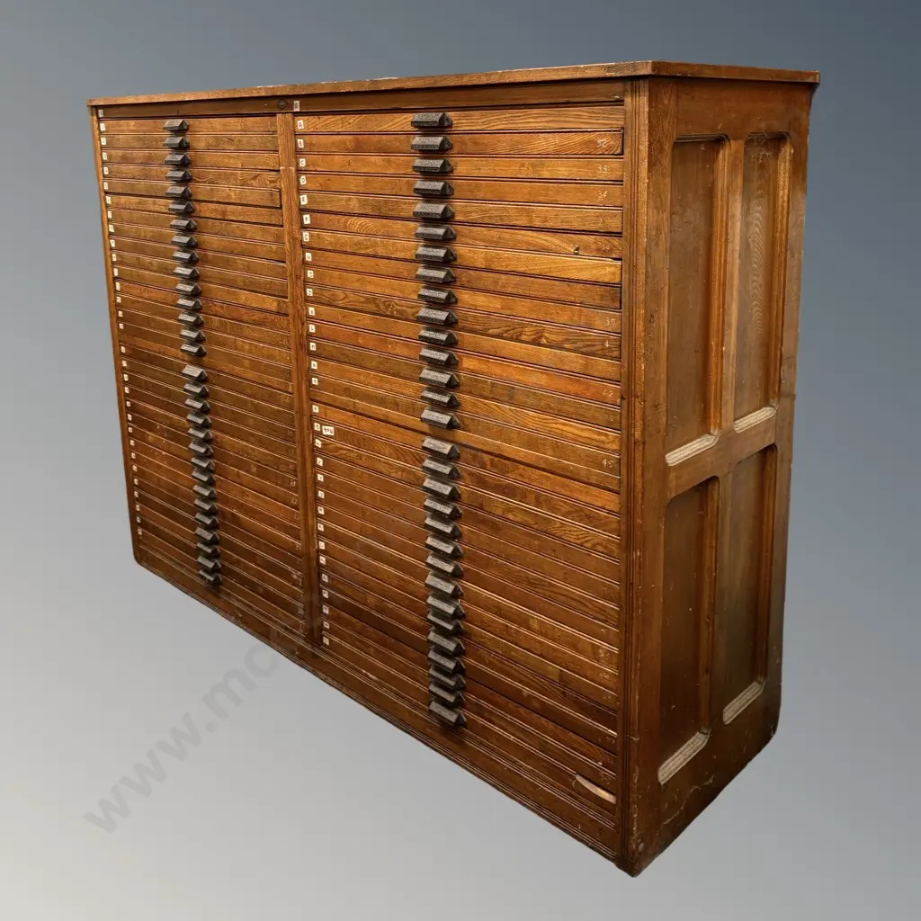 Large Hamilton Oak 60 Drawer Specimen Cabinet with Cast Iron Pulls H135xL179xD56cm Image 1++