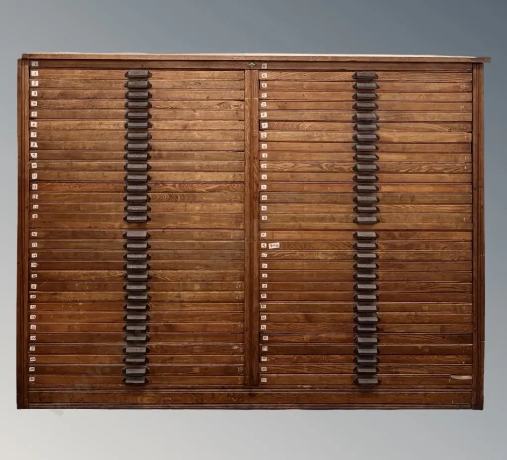 Large Hamilton Oak 60 Drawer Specimen Cabinet with Cast Iron Pulls H135xL179xD56cm Image 1++