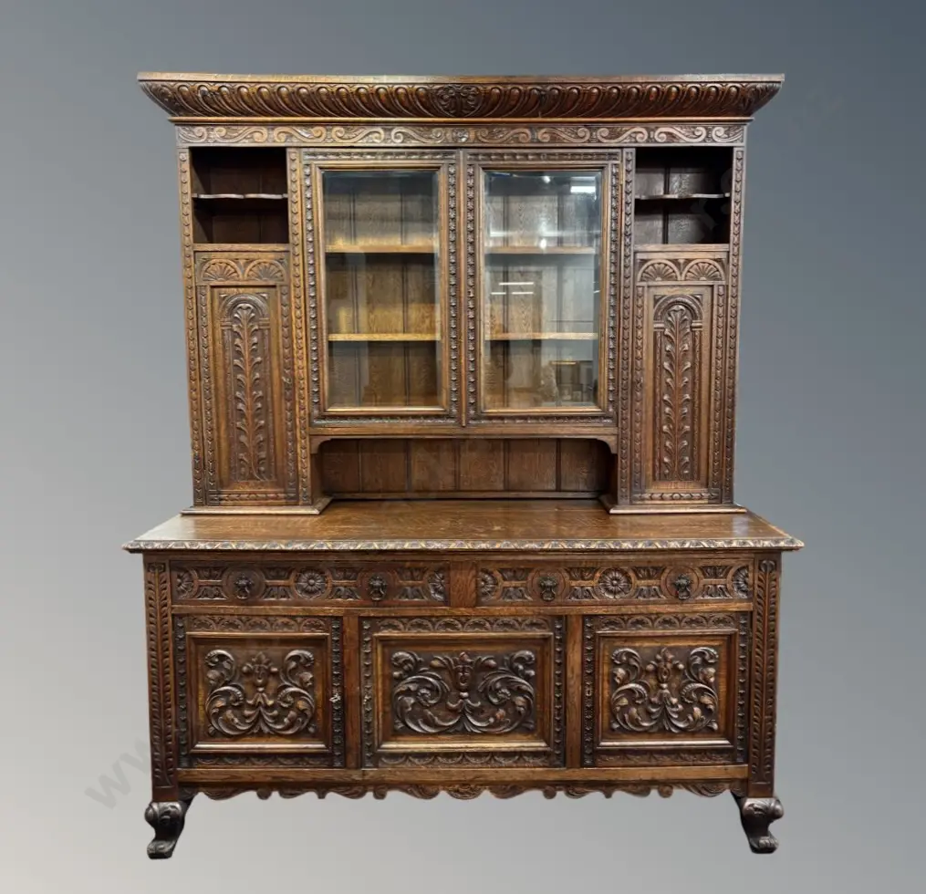 Oak Ornately Carved Sideboard with Display Cabinet, Sideboard 3 Door, 2 Drawers, H227xL183xD58cm Image 1++