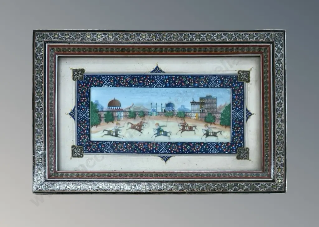 Hand Painted Miniature - Polo Players in a Mosiac Frame Image 1++