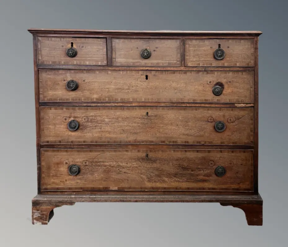 Mahogany Three over three Chest of Drawers with Crossband Inlay, AF, H96xL110xD55cm Image 1++