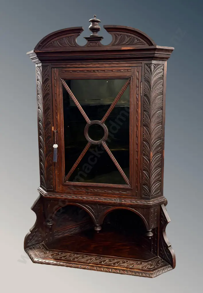 Victorian Dark Wood Wall Mounted Corner Cabinet with Glazed Door and  Ornate Leaf Carving, H122xW74xD45cm Image 1++
