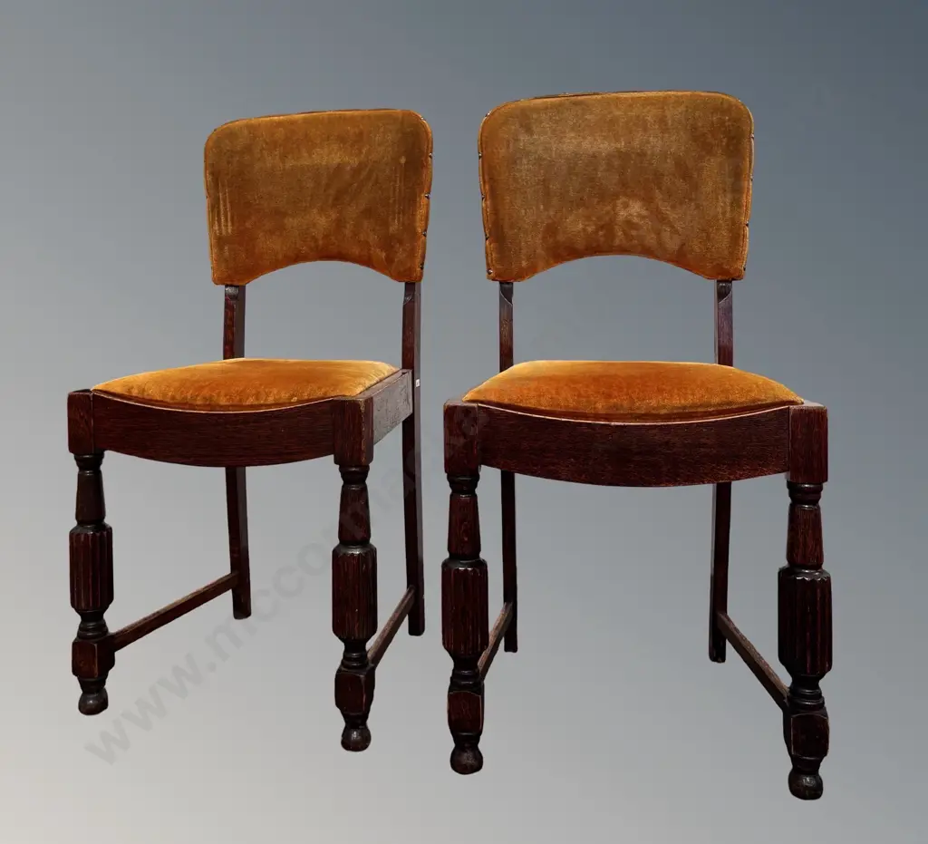 Pair of Oak and Velvet Upholstered Dining Chairs, turned and fluted front legs with stretcher base Image 1++