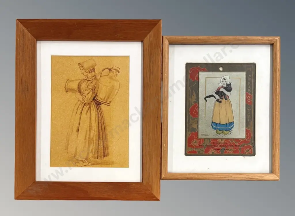 Framed Print of Lady with Milk Jug 210x150mm and Framed Glass Illustration of Striking Girl with Cat 175x130mm Image 1++