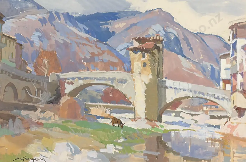 SL Thompson - Bridge at Sospel, Southern France, watercolour on paper, 380x560mm Image 1++