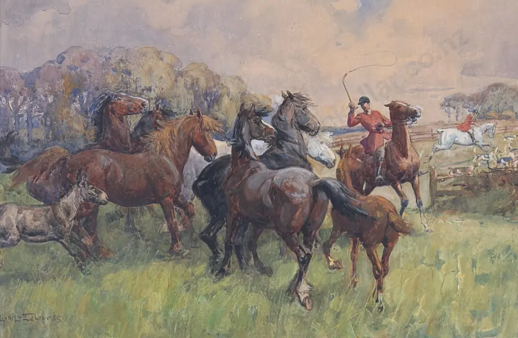 Lionel Edwards - Rounding Up The Horses, watercolor on paper, 340x500mm Image 1++
