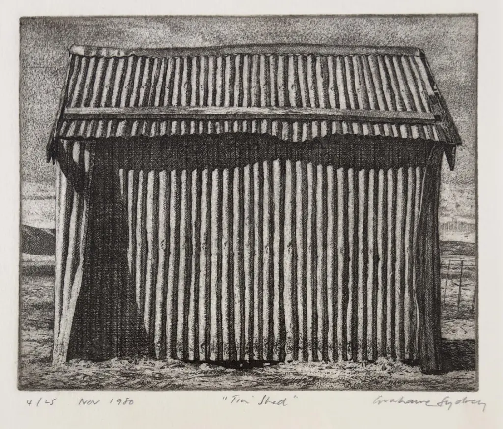 Grahame Sydney - Tin Shed, 1980, 4/25 etching on paper, 165x190mm Image 1++