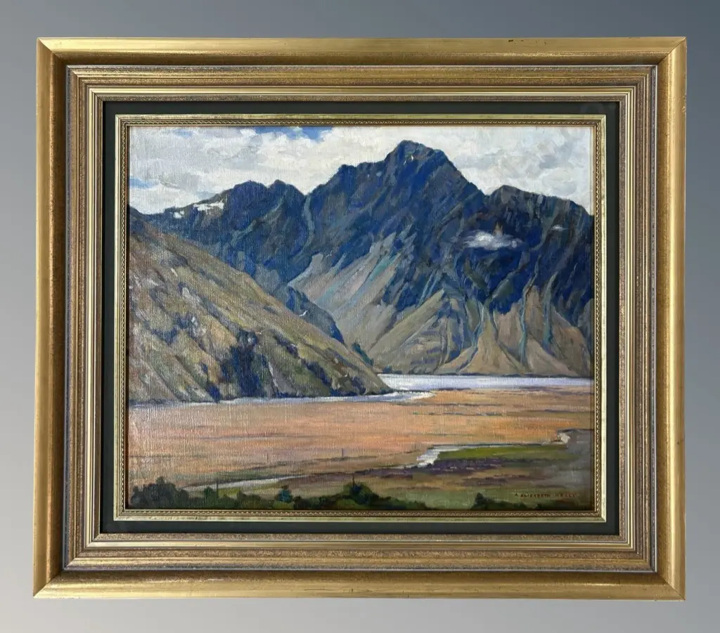 Annie Elizabeth Kelly - Upper Reaches of the Waimakariri, oil on canvas, 480x580mm Image 1++