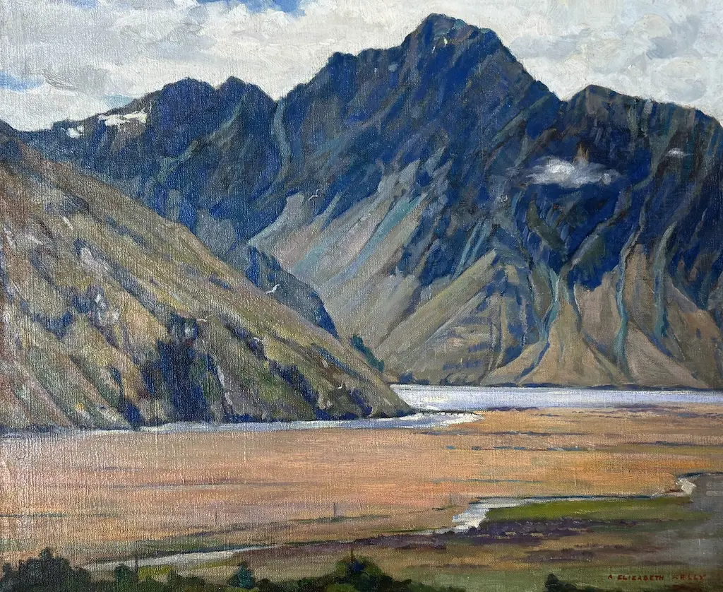 Annie Elizabeth Kelly - Upper Reaches of the Waimakariri, oil on canvas, 480x580mm Image 1++