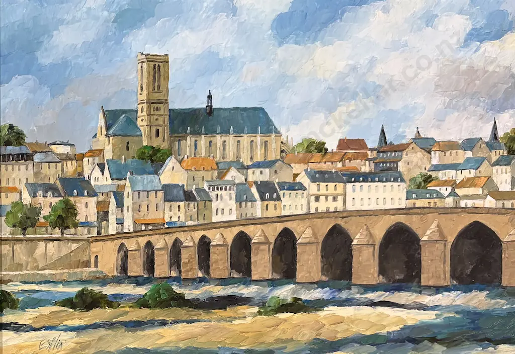 Tom Esplin - The River at Nevers, oil on board, page 21 Tom Esplin Book, 450x310mm Image 1++