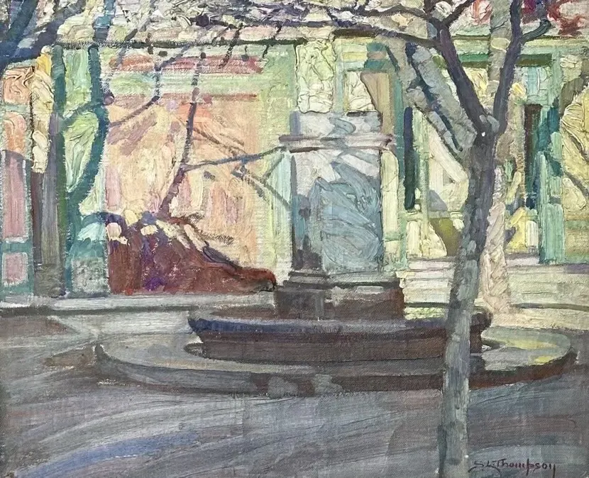 SL Thompson - Village Square, France, oil on canvas, 370x450mm Image 1++