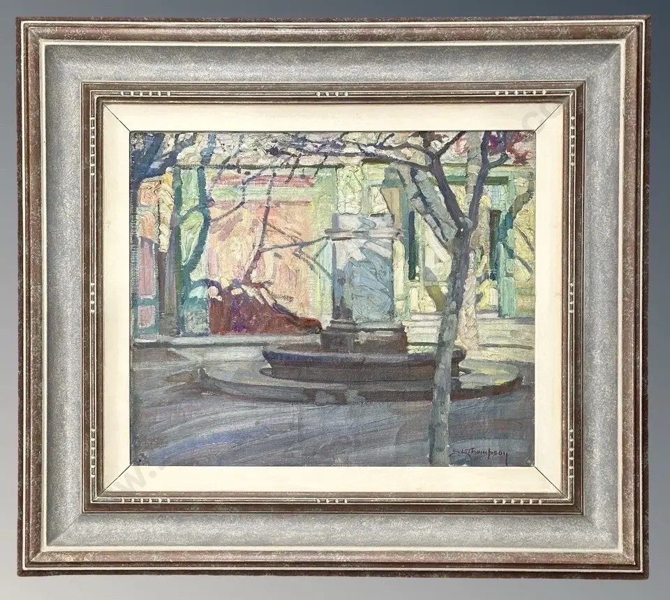 SL Thompson - Village Square, France, oil on canvas, 370x450mm Image 1++