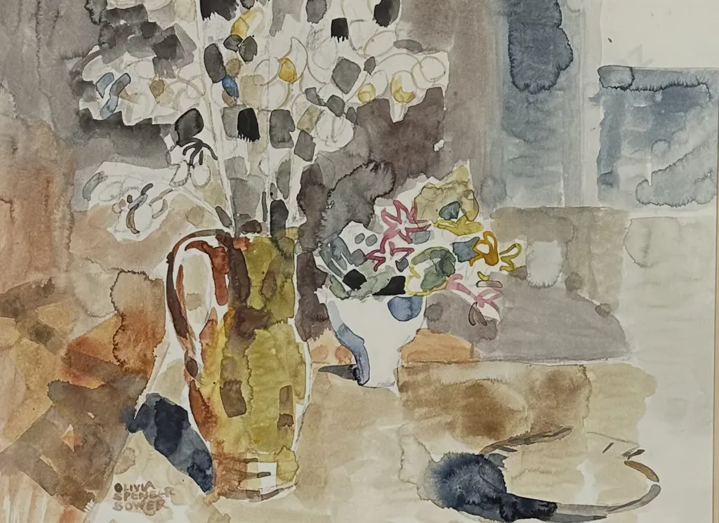 Olivia Spencer Bower - Still Life, Flowers in a Vase, watercolour on paper, 360x490mm Image 1++