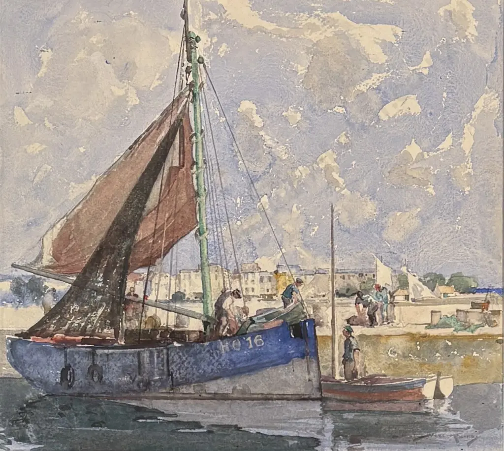 W Lee-Hankey - Fishing Boats at Dock, Honfleur, France, 1933, watercolour on paper, 300x340mm Image 1++