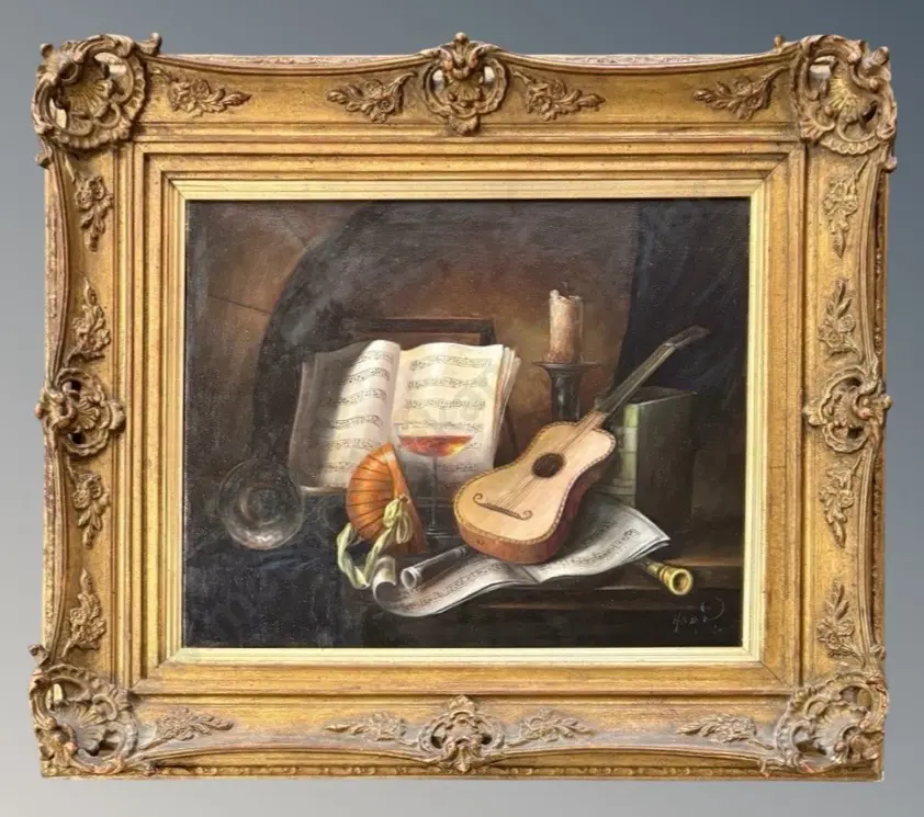 Herdin Radtke - Still Life of Sheet Music and old Guitar, oil on canvas, 390x480mm Image 1++