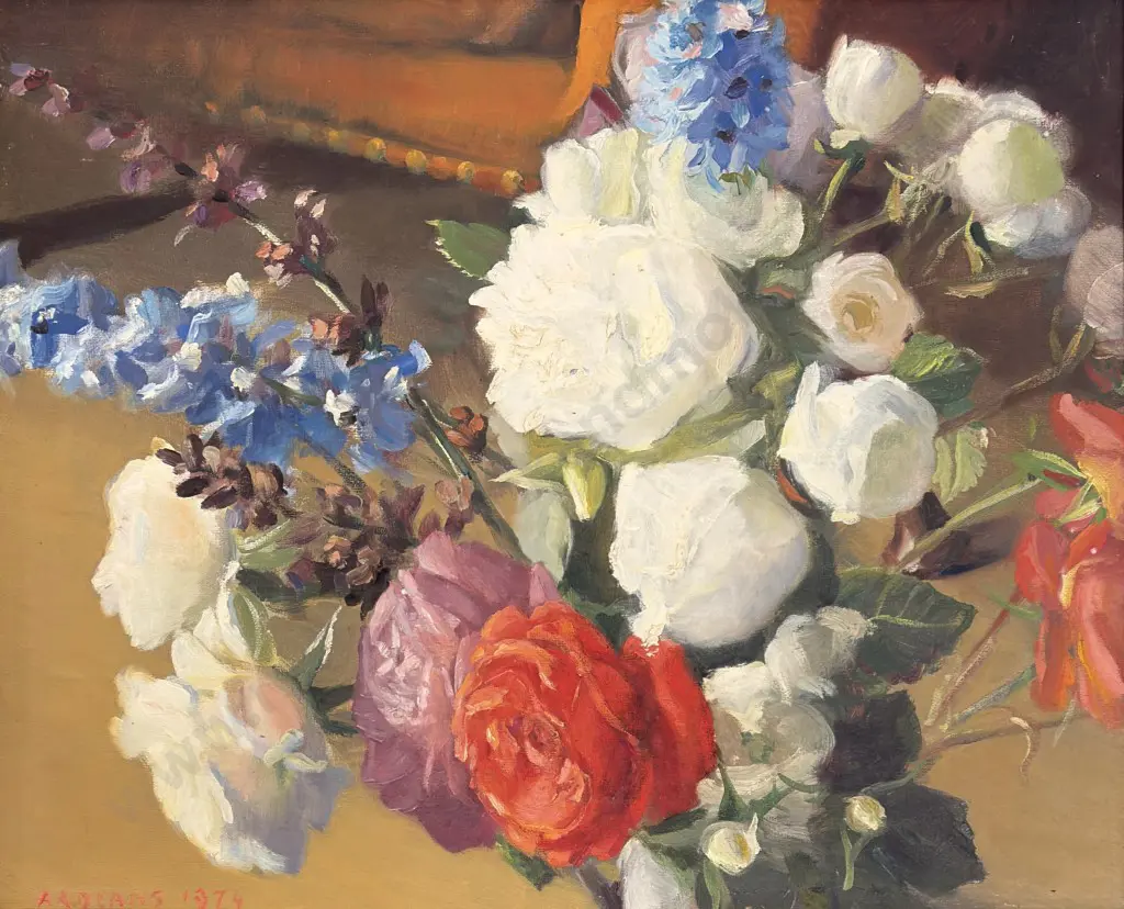 AA Deans - Still Life, Roses and Delphiniums, 1974, oil on board, 390x480mm Image 1++