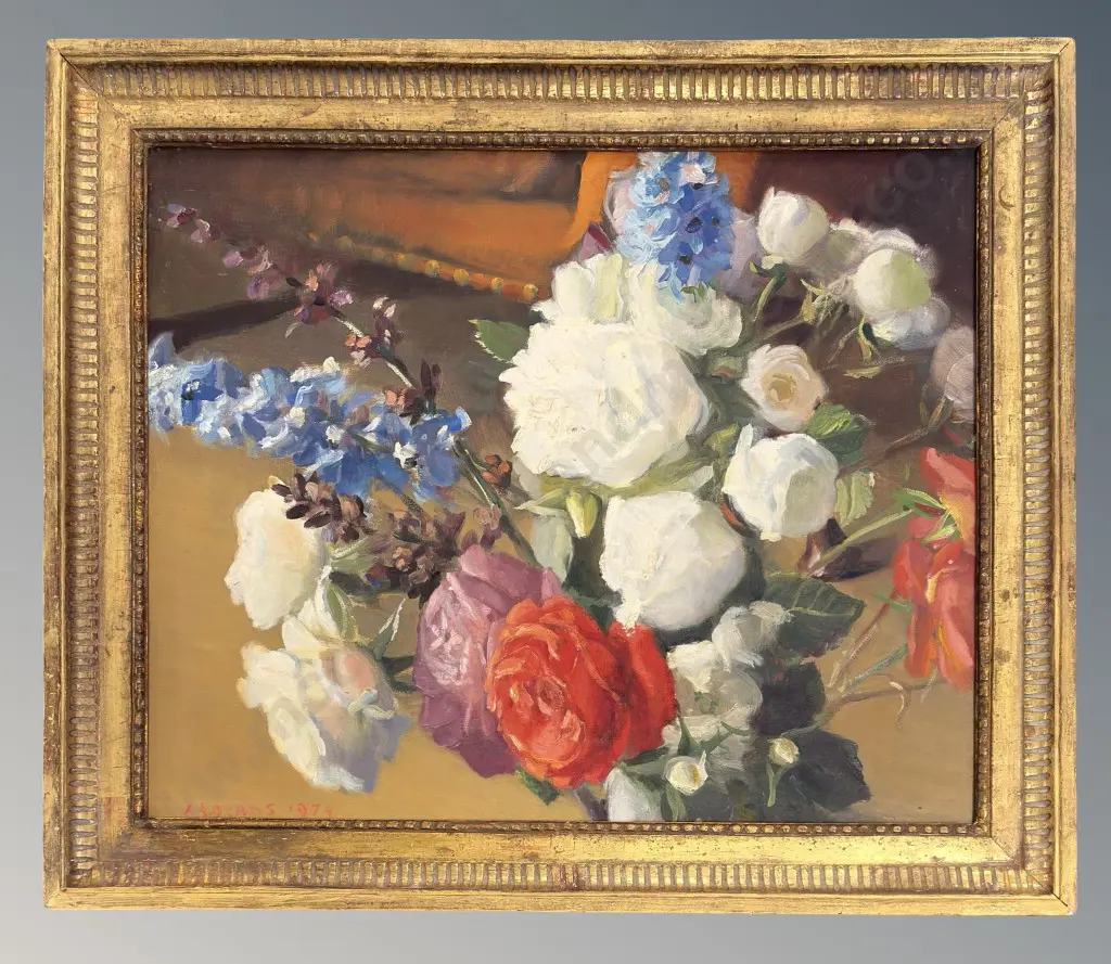 AA Deans - Still Life, Roses and Delphiniums, 1974, oil on board, 390x480mm Image 1++