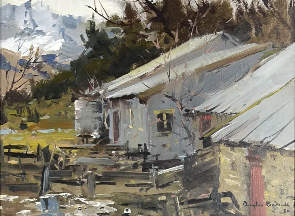 Douglas Badcock - Old Shearing Sheds near Arrowtown, oil on board, 300x400mm Image 1++