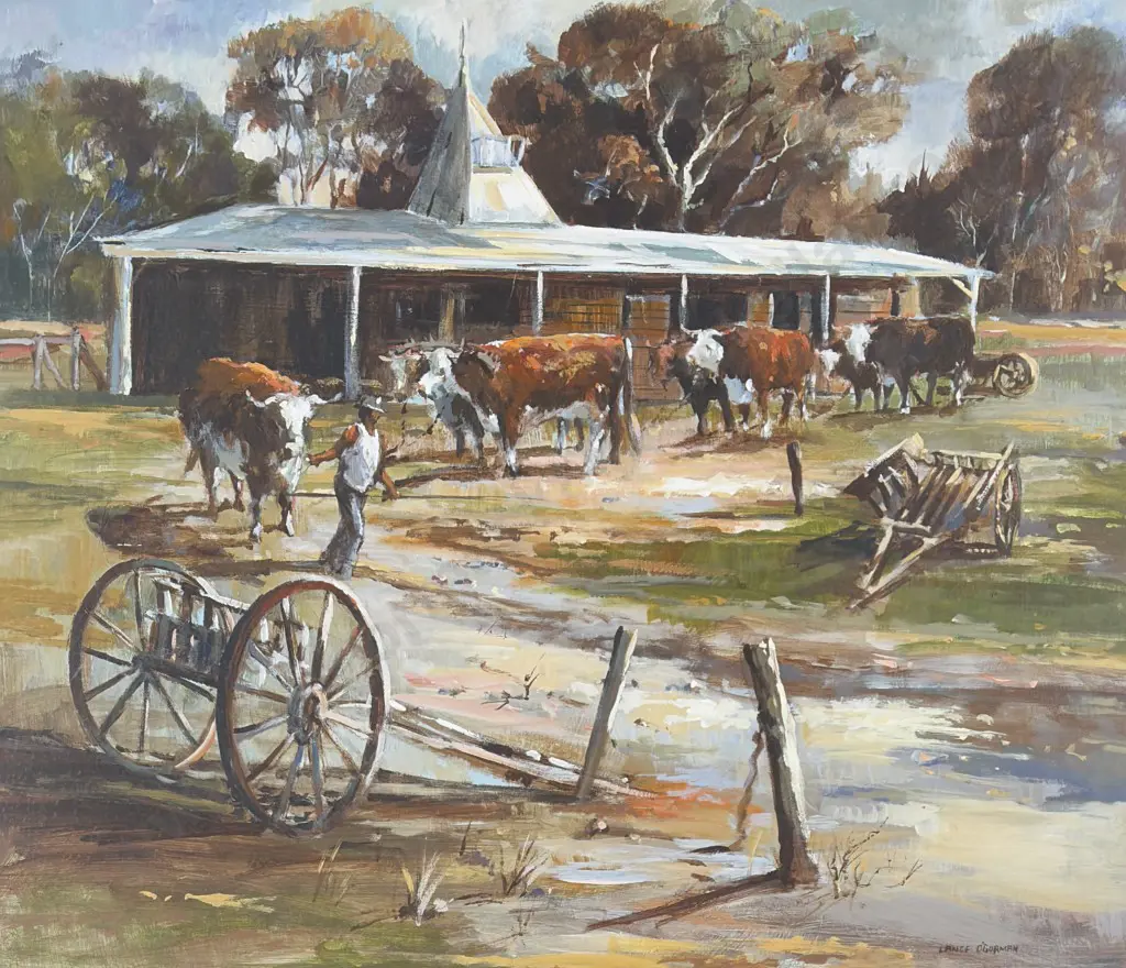 Lance O'Gorman - Hitching the Bullocks, oil on board, 690x690mm Image 1++