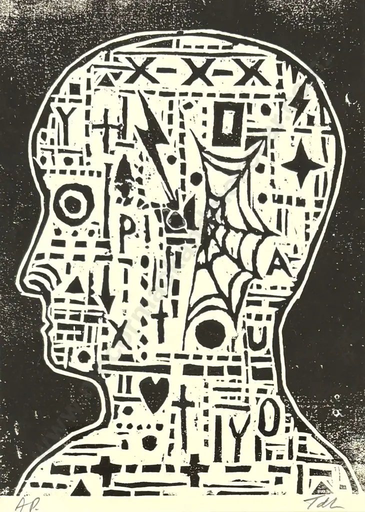 Tony de Lautour - Head Woodcut, 2006, AP on paper,170x120mm Image 1++