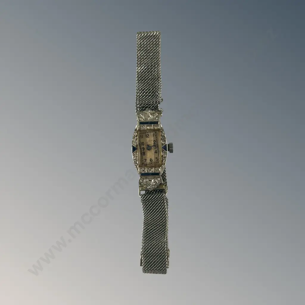 9ct White Gold Strap (AF) Diamond and Sapphire Ladies Wristwatch, W13.38gms - strap only Image 1++