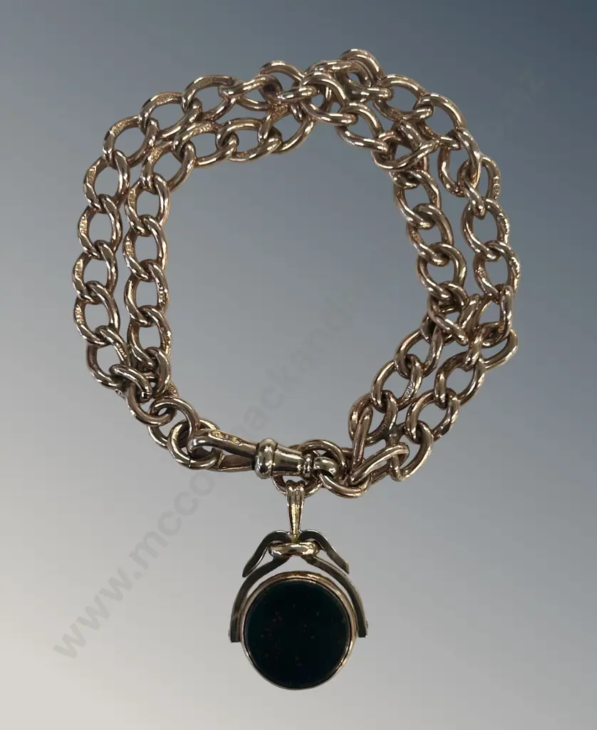 9ct Gold Double Strand Bracelet with 9ct Gold Mounted Bloodstone/Carnelian Spinner, L19cm, TW38.53gms Image 1++