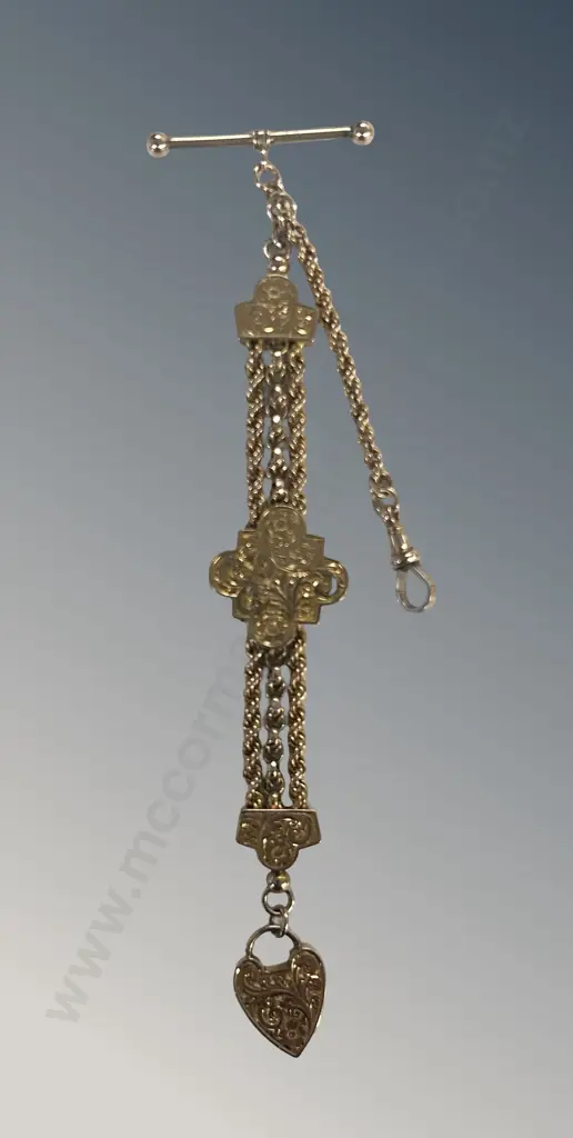 9ct Gold Three Strand Slider Bracelet with Heart Padlock and T Bar, L17.5cm, TW11.04gms Image 1++