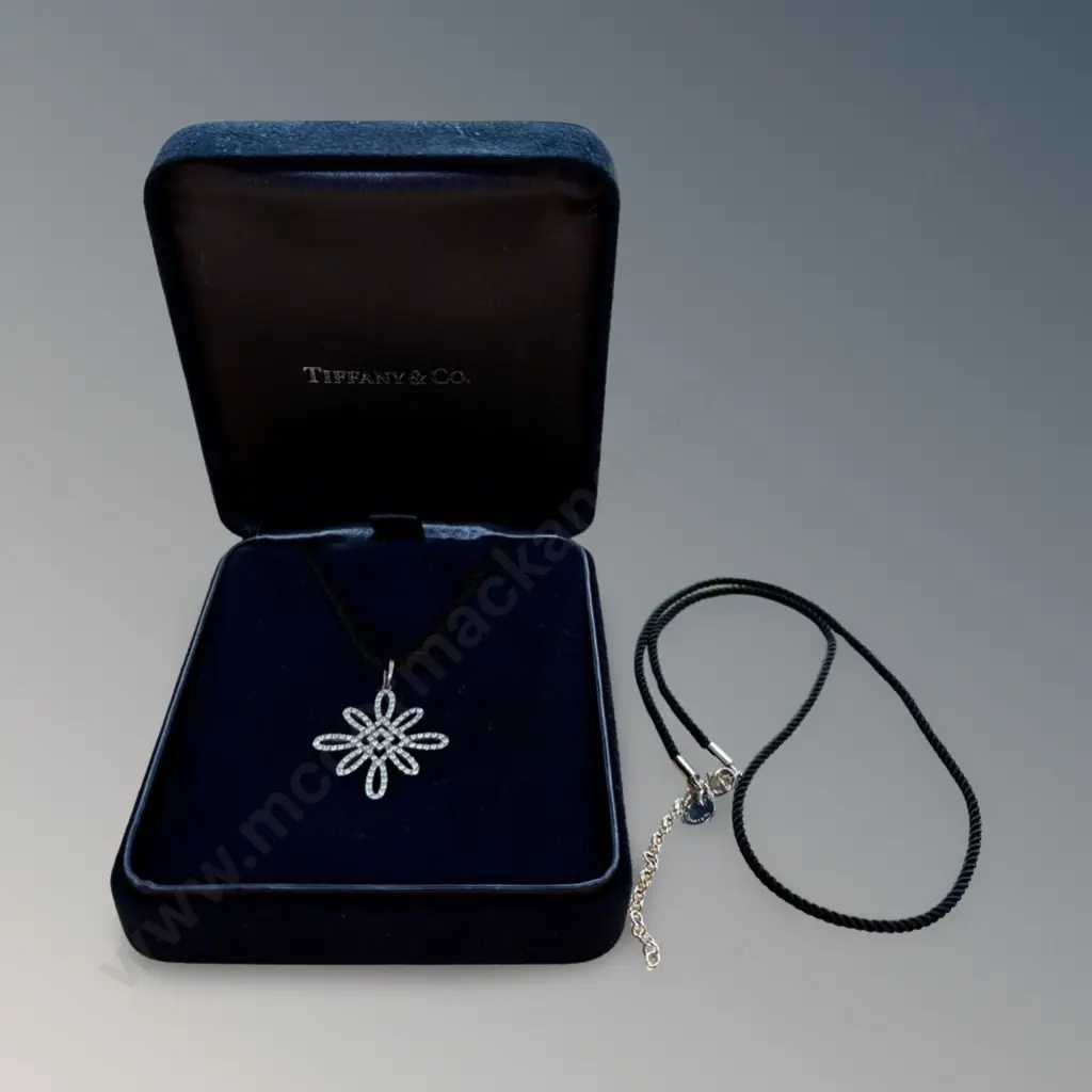 18ct White Gold Diamond Tiffany & Co. Pendant with two silk/nylon cord necklet, L43cm, LTW4.93gms, Valuation $17000 Image 1++