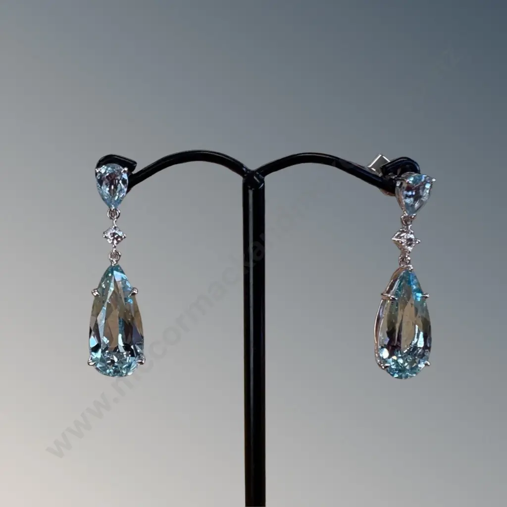 18ct Pear Shaped Aquamarine and Diamond Drop Earrings, Aquamarine 6.89ct, TW4.6gms, Valuation $8300 Image 1++