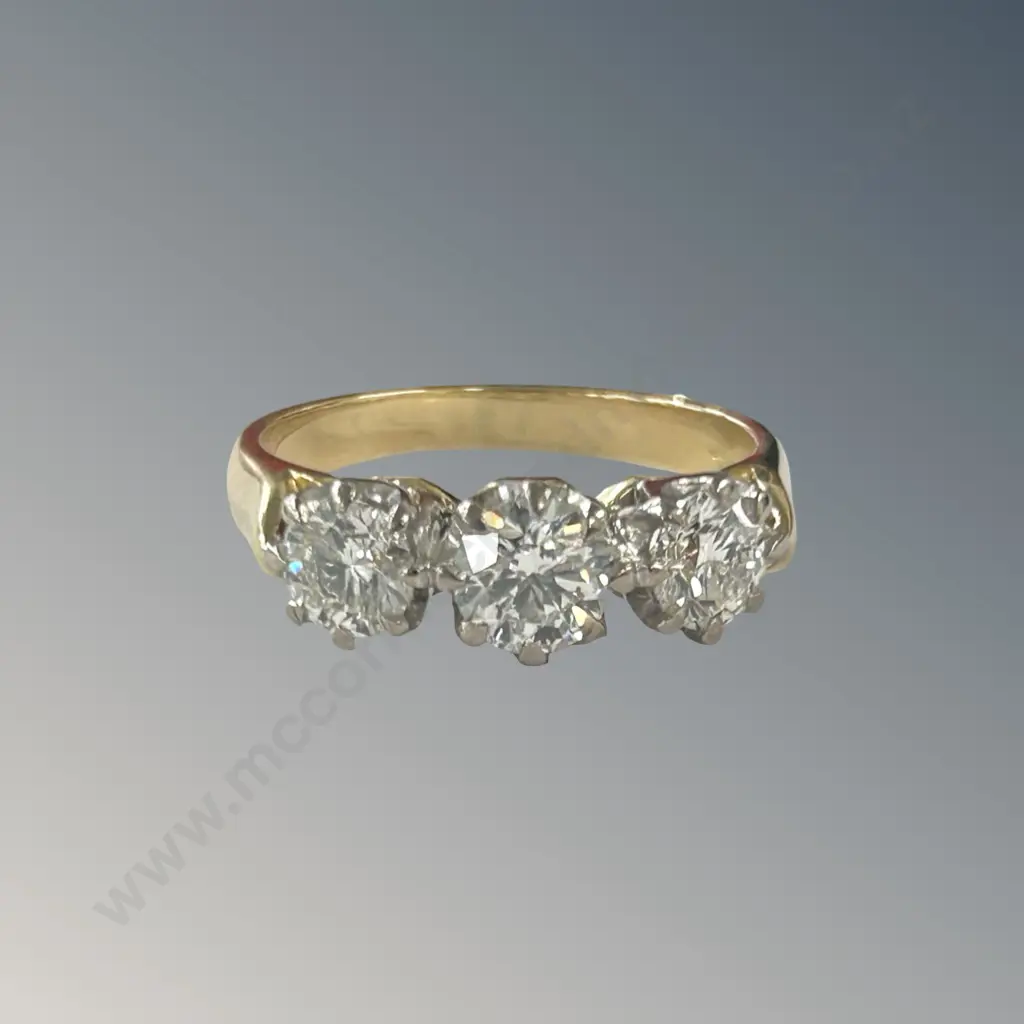 18ct Gold 3 Stone Diamond Ring, Colour D, TDW 1.4ct, TW 5.80gms, Size O, Valuation $15,500 Image 1++