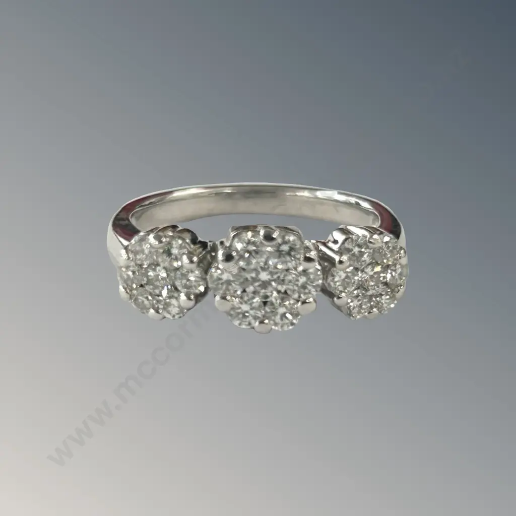 18ct White Gold Diamond Triple Cluster Ring, Colour F, TDW .75ct, TW 5.58gms, Size O, Valuation $8,900 Image 1++