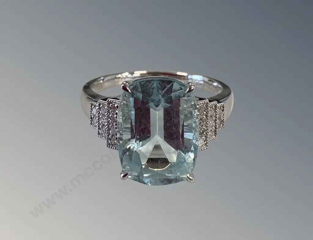 18ct White Gold Aquamarine and Diamond Ring, Aquamarine 3.95ct, Size P, TW4.18gms, Valuation $6500 Image 1++